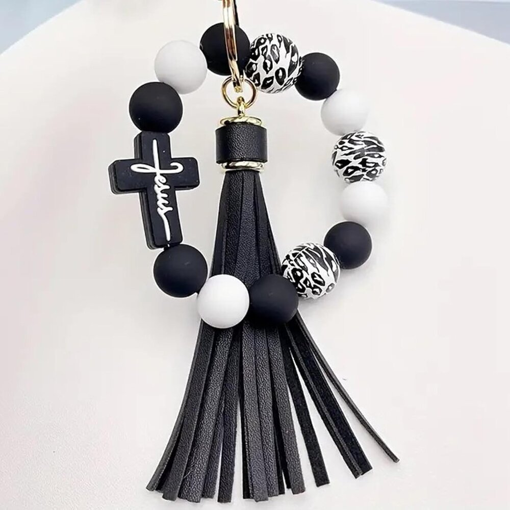 Wristlet Bracelet Keychain for Women,Silicone/Wood Cross Leopard Beaded Bracelet - Picture 2 of 9